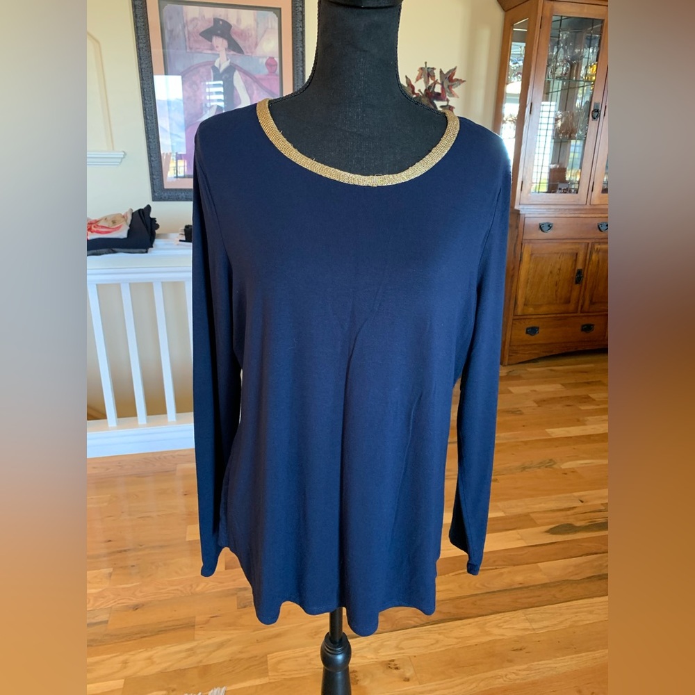 Chico's Navy Long Sleeve Top with Gold Accent